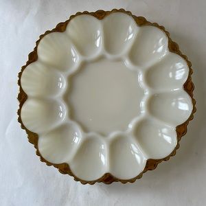 Vintage Milk Glass Deviled Egg Plate with gold trim